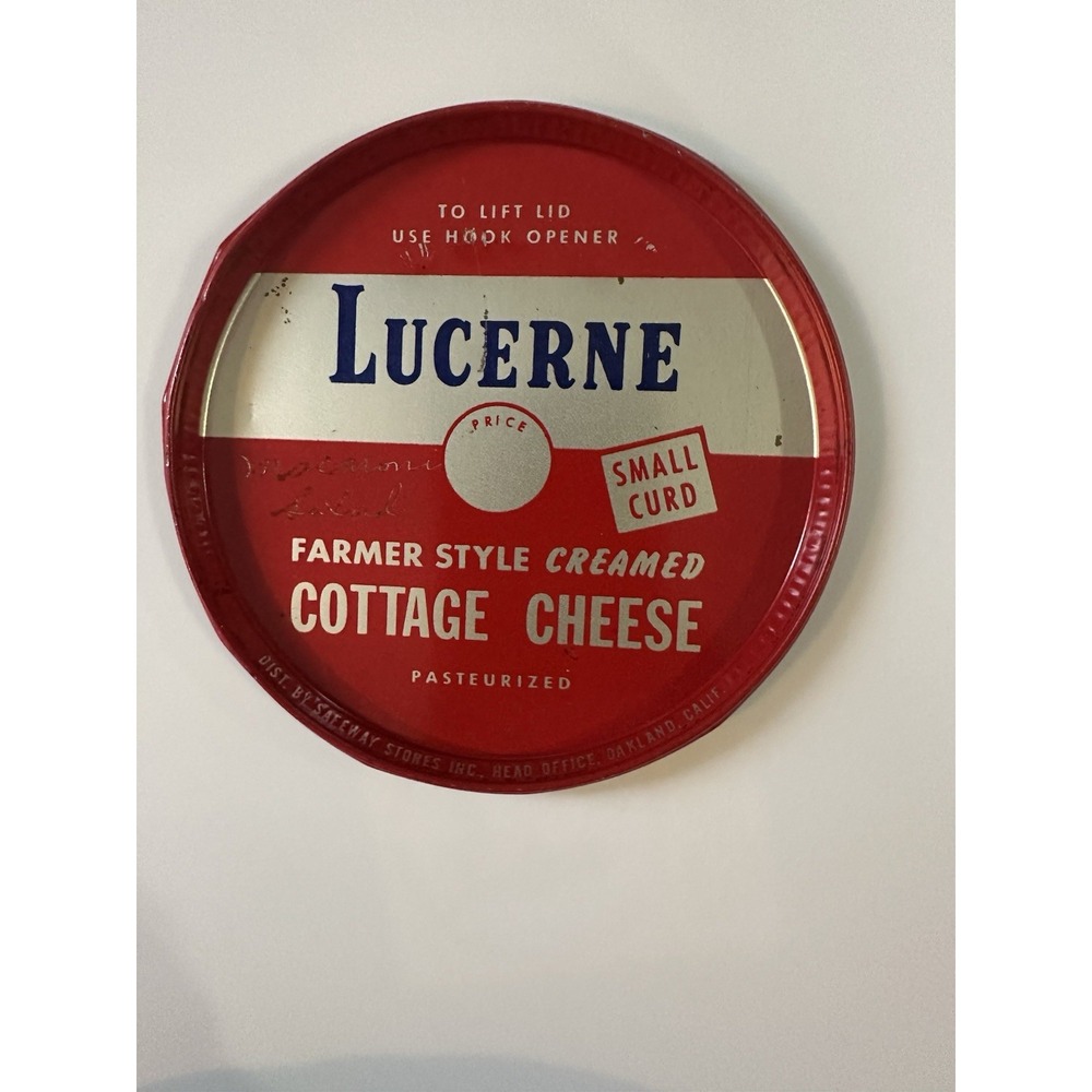 Vintage Safeway Lucerne Farmer Style Creamed Small Curd Cottage Cheese Metal Lid